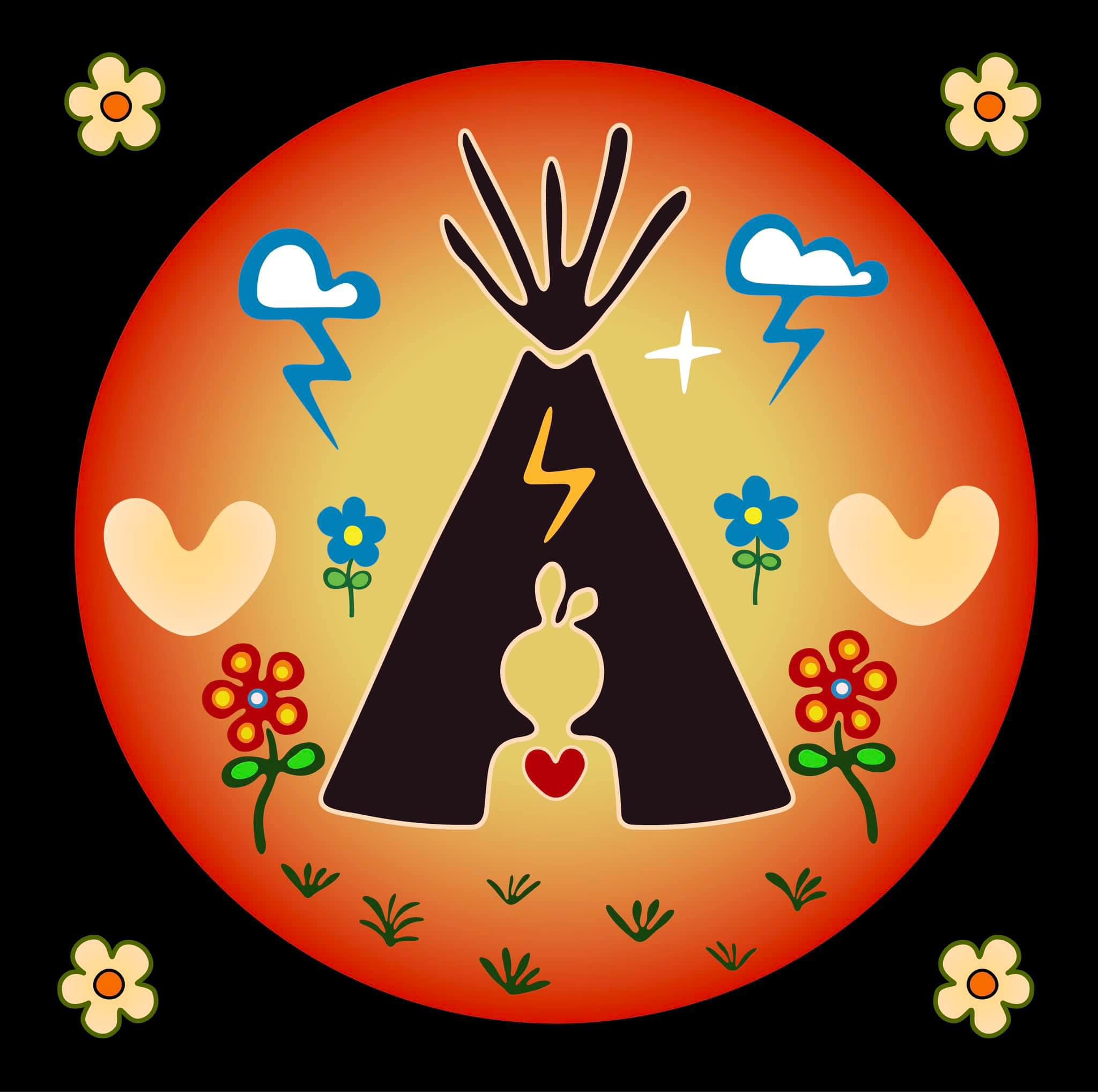 Tipi surrounded with flowers, clouds and natural items